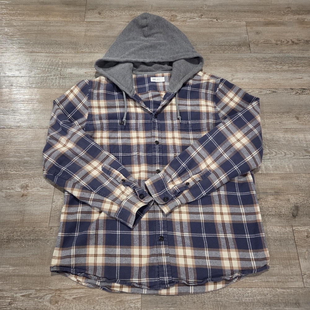 GAP Button Down Hooded Flannel Standard Fit Long Sleeve Shirt Mens Size Large
